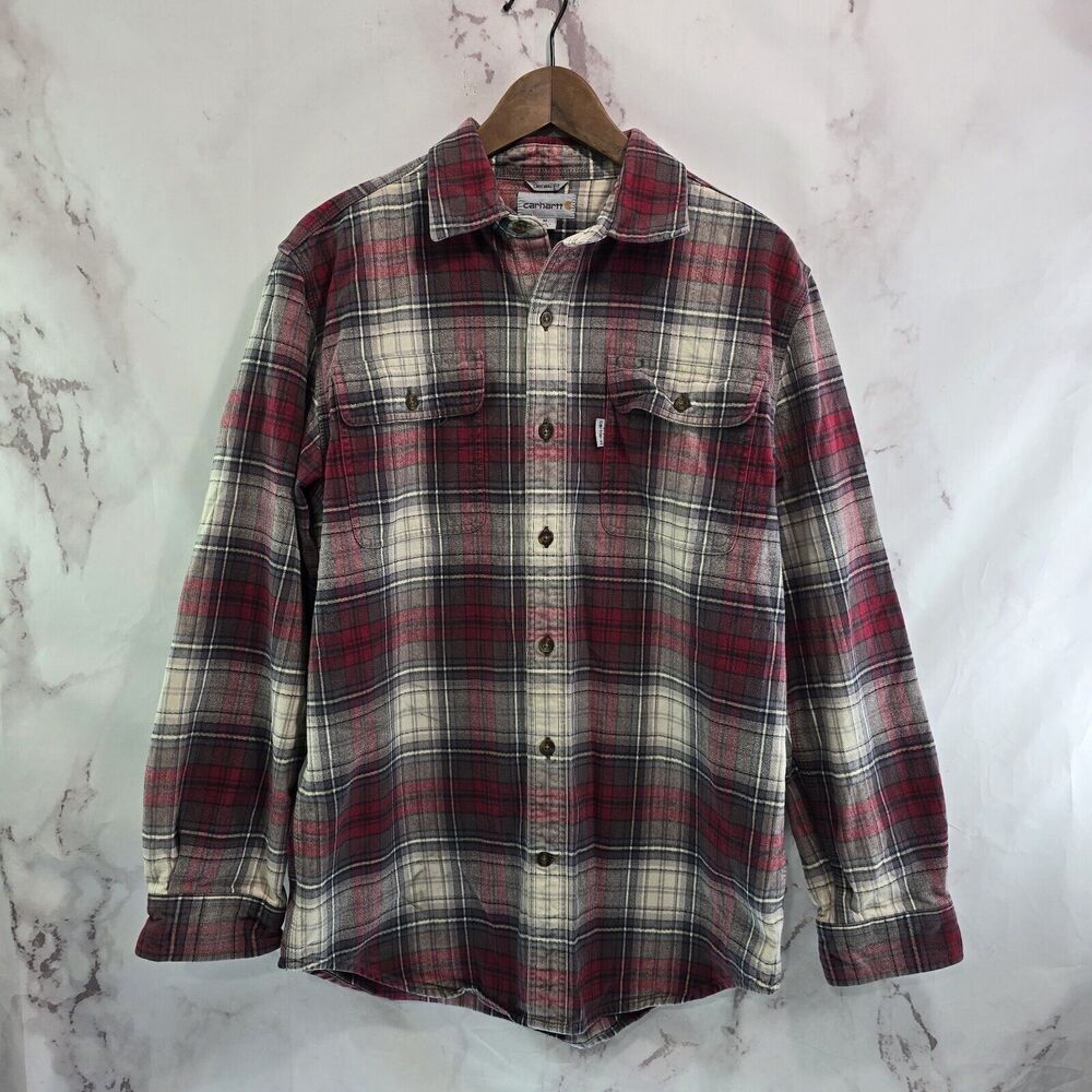 Carhartt Shirt Men Medium Flannel Chamois Long Sleeve Button Up Plaid Gray Red